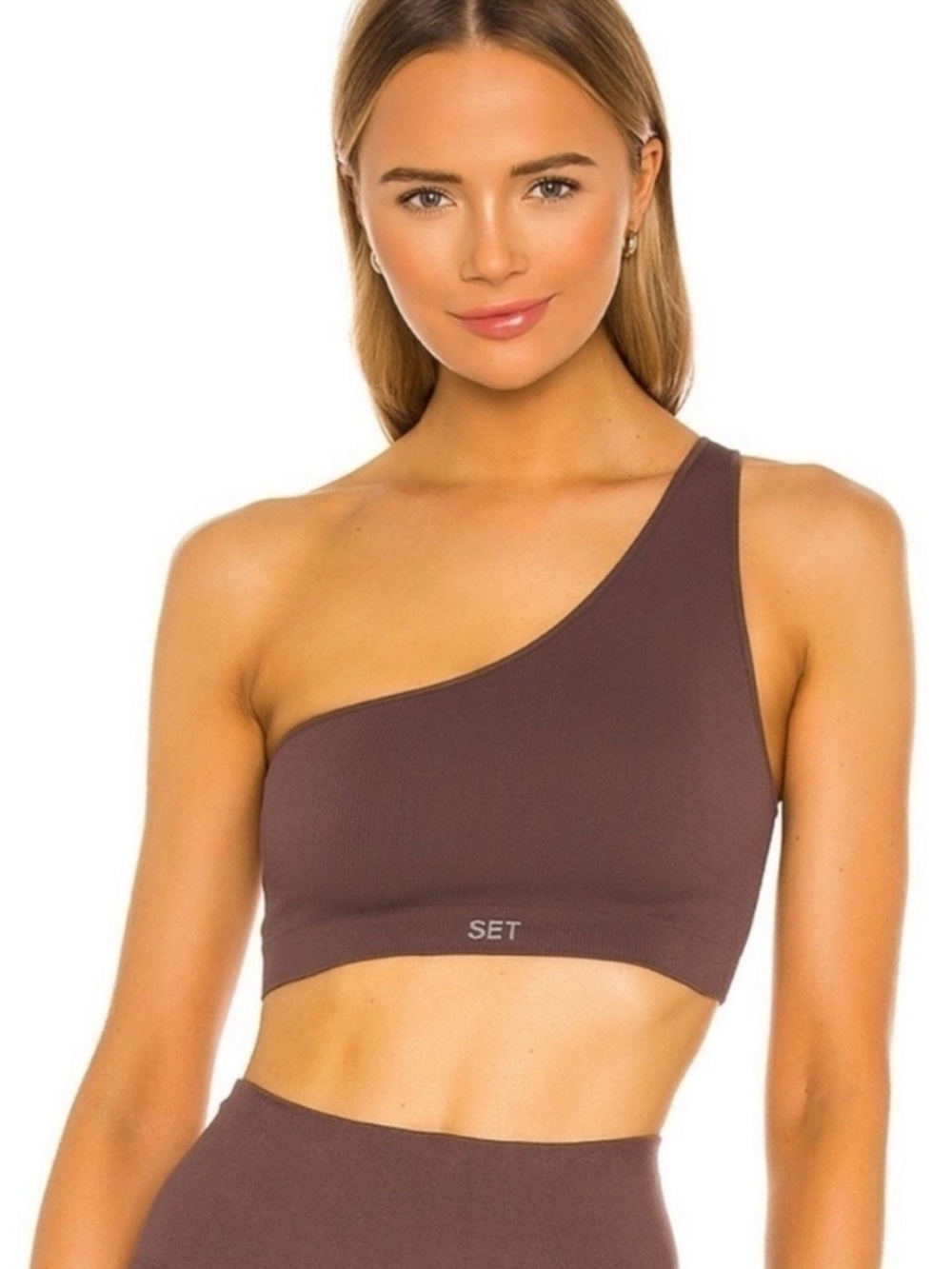 SET Active One-Shoulder Ribbed Sports Bra in Chocolate Brown